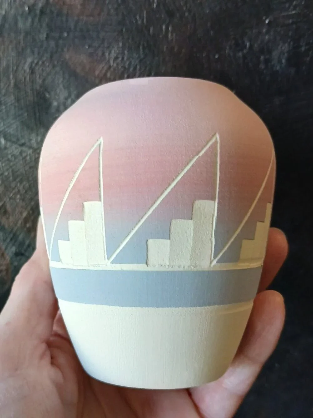 Vtg High Elk, Sioux Pottery Bud Vase, Native American Etched 3 1/2 inches
